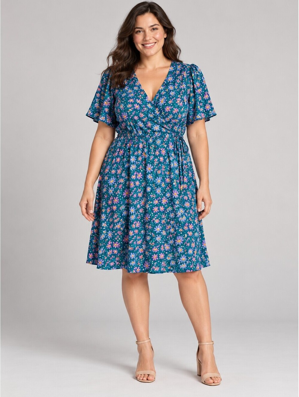 Draper James RSVP Teal Floral Wrap Midi Dress Women's L Flutter Sleeve